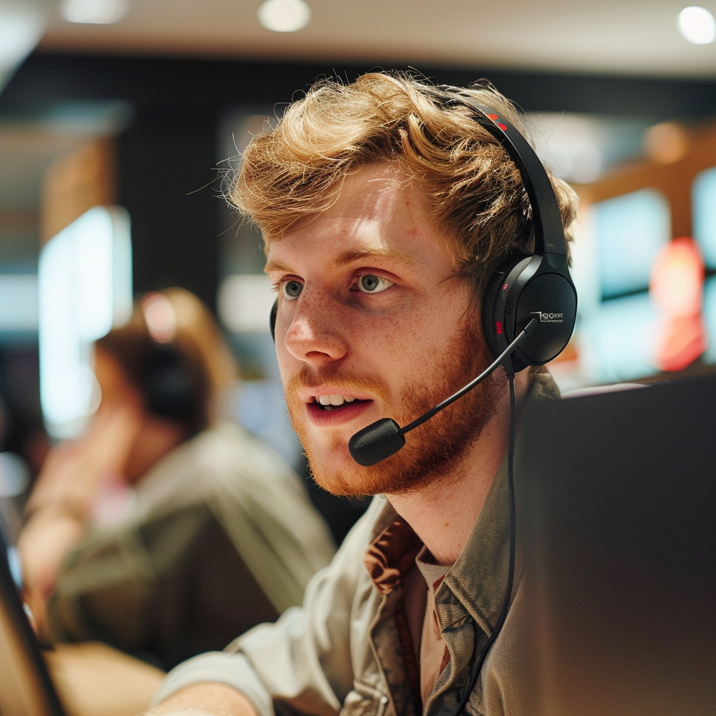 Photo of a Young white man with a phone head set talk