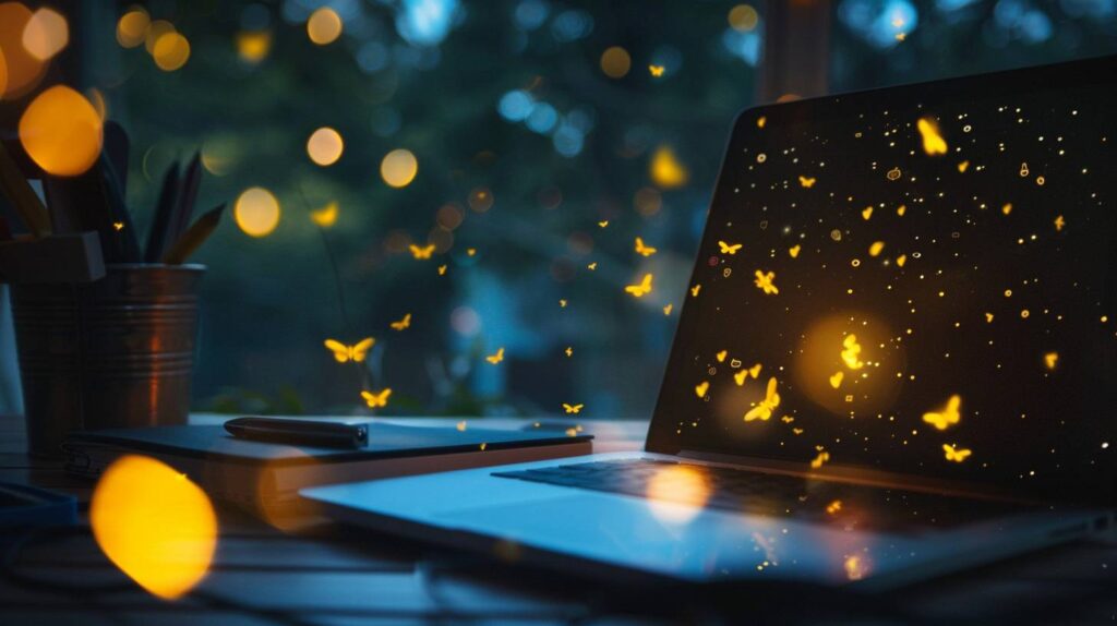 a laptop with butterflies flying out of it